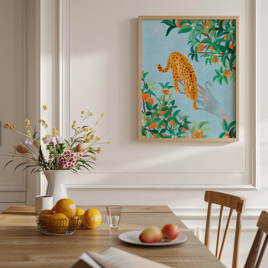 Illustration of a cheetah strolling gracefully through a grove of orange trees, with rich textures and vibrant oranges – nature-inspired animal art print for modern home decor