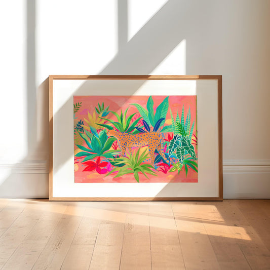 Archival fine art print of Sun Lee's original gouache painting featuring a cheetah strolling among a vibrant succulent garden – colorful animal and botanical art print for modern home decor
