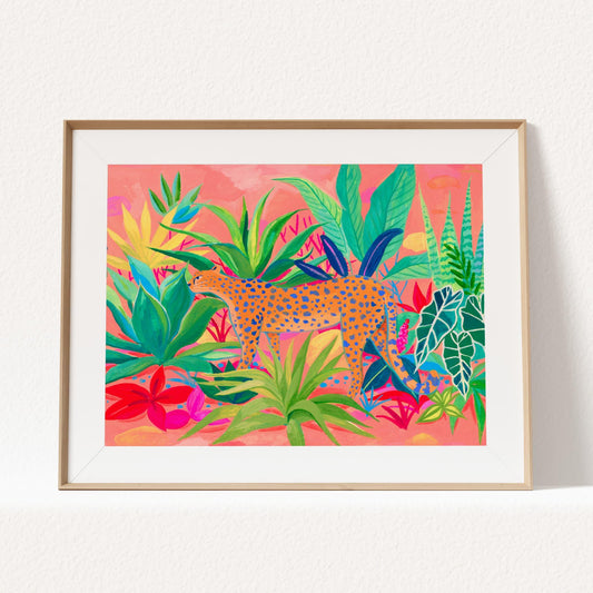 Archival fine art print of Sun Lee's original gouache painting featuring a cheetah strolling among a vibrant succulent garden – colorful animal and botanical art print for modern home decor