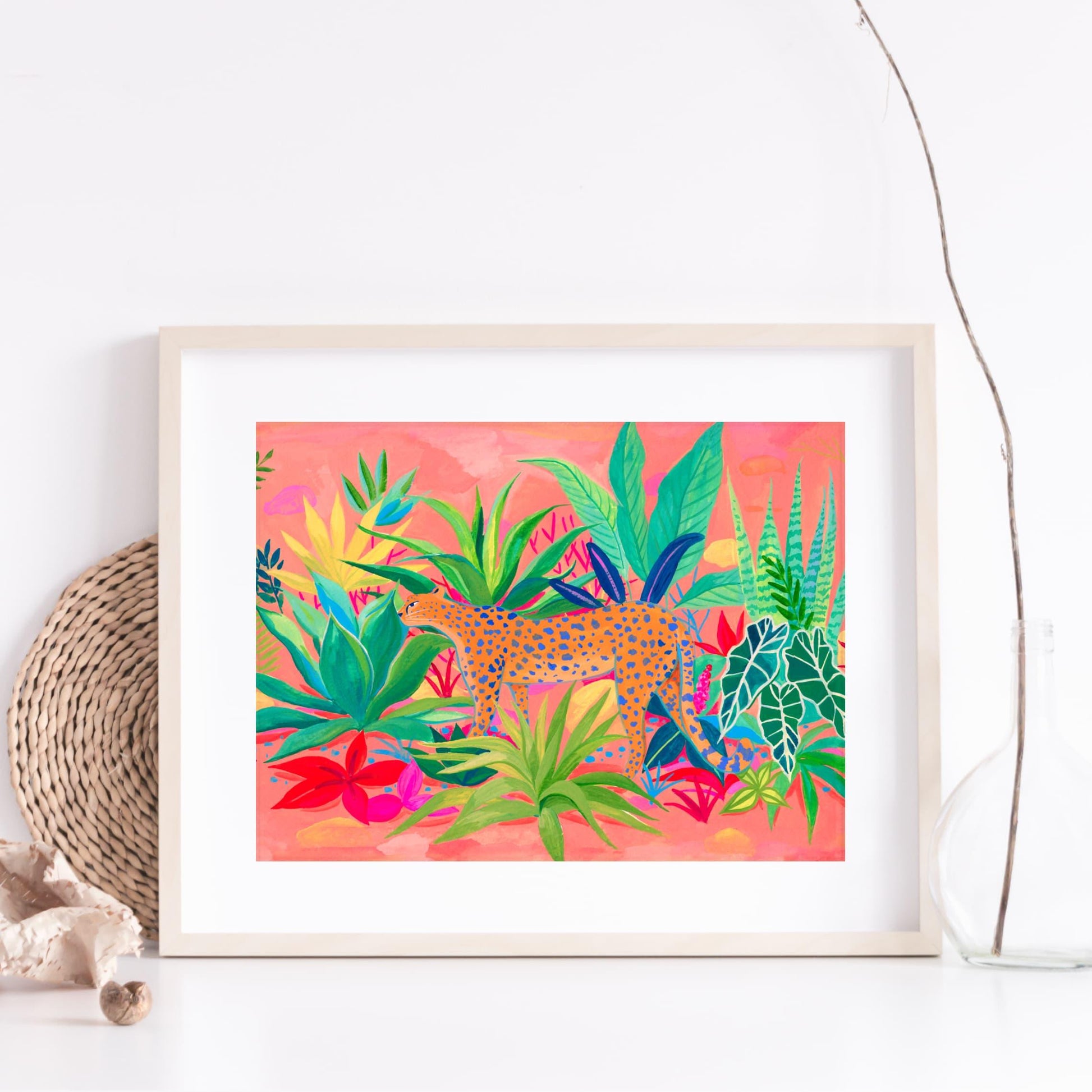 Archival fine art print of Sun Lee's original gouache painting featuring a cheetah strolling among a vibrant succulent garden – colorful animal and botanical art print for modern home decor