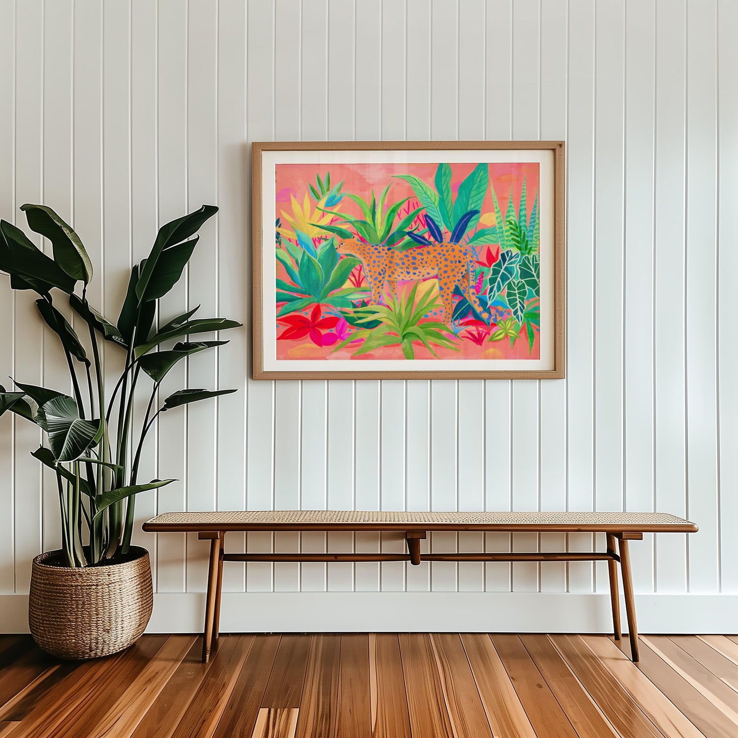 Archival fine art print of Sun Lee's original gouache painting featuring a cheetah strolling among a vibrant succulent garden – colorful animal and botanical art print for modern home decor