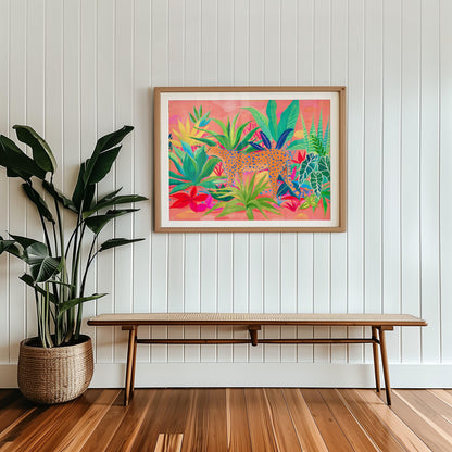 Archival fine art print of Sun Lee's original gouache painting featuring a cheetah strolling among a vibrant succulent garden – colorful animal and botanical art print for modern home decor