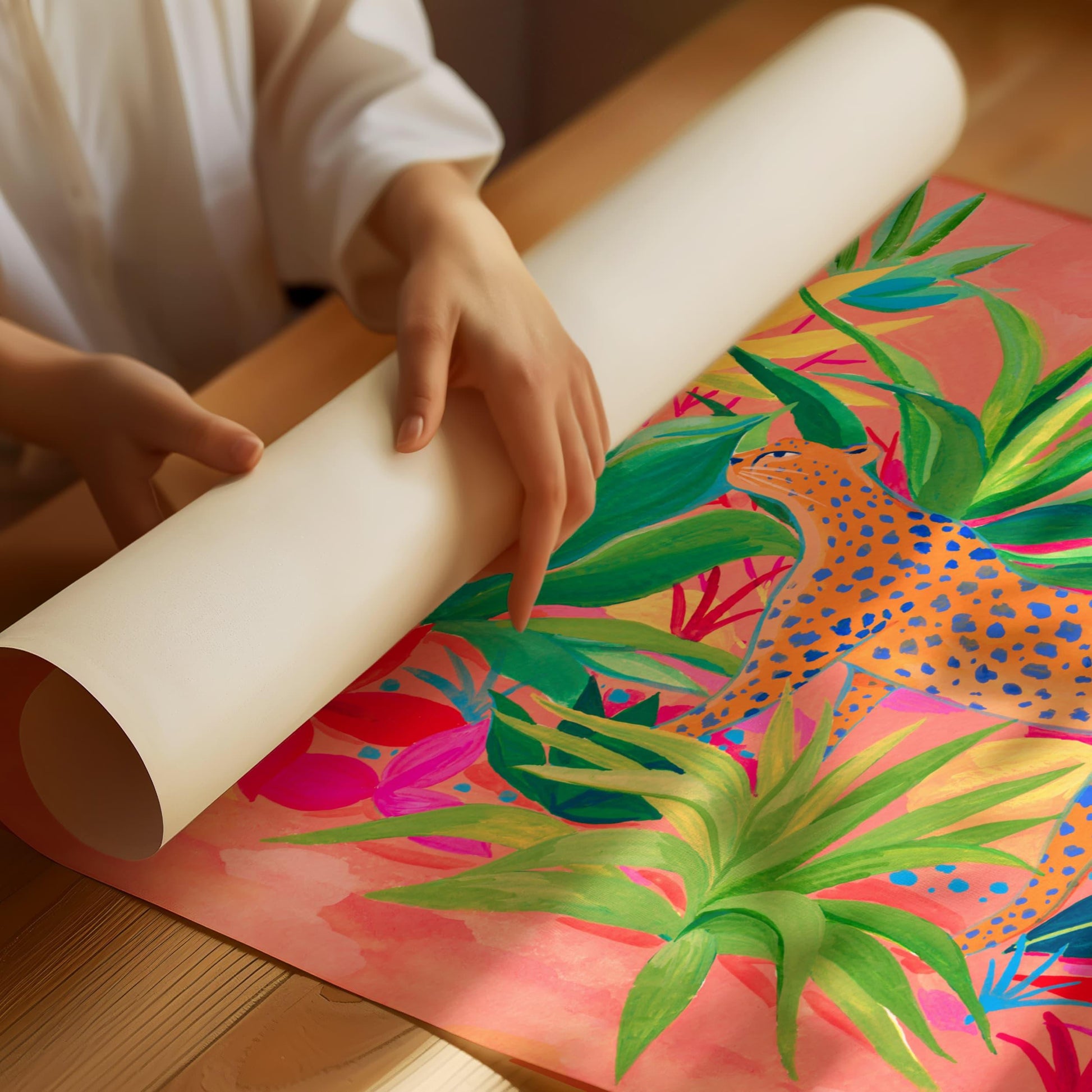 Archival fine art print of Sun Lee's original gouache painting featuring a cheetah strolling among a vibrant succulent garden – colorful animal and botanical art print for modern home decor