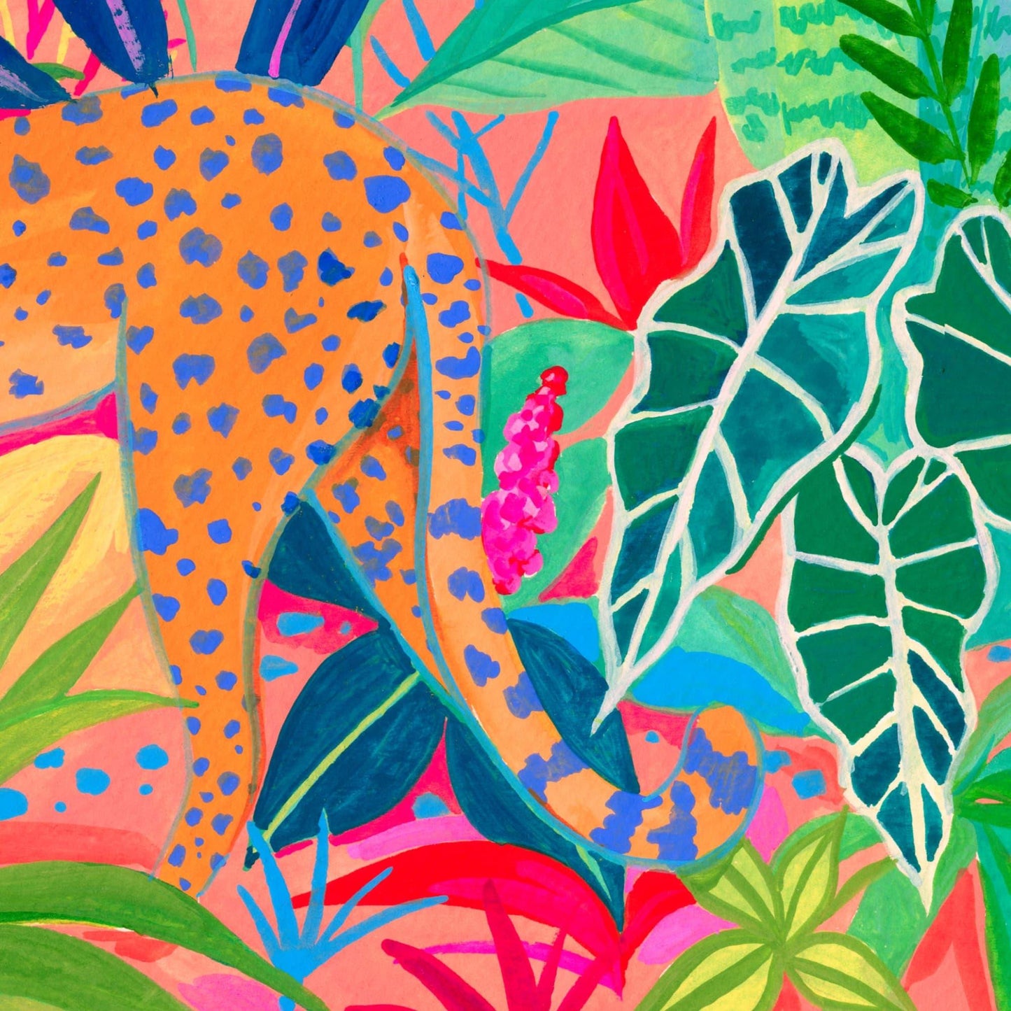 Archival fine art print of Sun Lee's original gouache painting featuring a cheetah strolling among a vibrant succulent garden – colorful animal and botanical art print for modern home decor