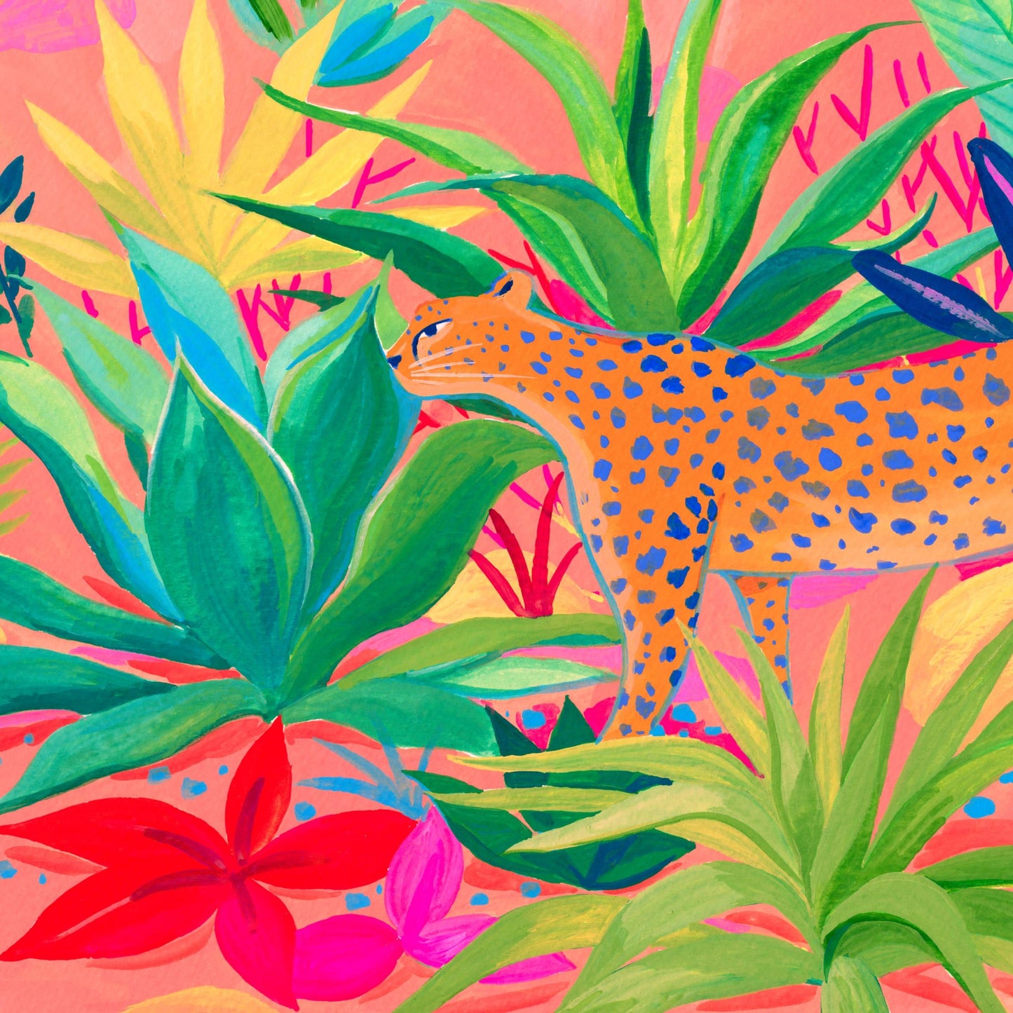 Archival fine art print of Sun Lee's original gouache painting featuring a cheetah strolling among a vibrant succulent garden – colorful animal and botanical art print for modern home decor