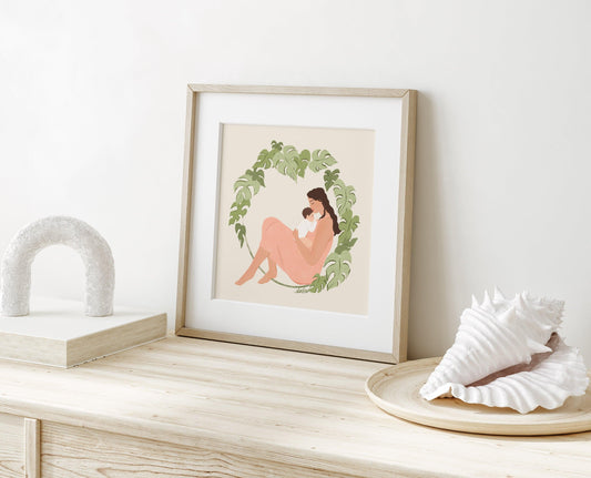 Tender art print of a mother and baby surrounded by lush monstera foliage – serene illustration with soft textures celebrating nurturing and natural beauty
