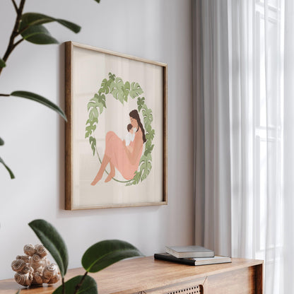 Tender art print of a mother and baby surrounded by lush monstera foliage – serene illustration with soft textures celebrating nurturing and natural beauty