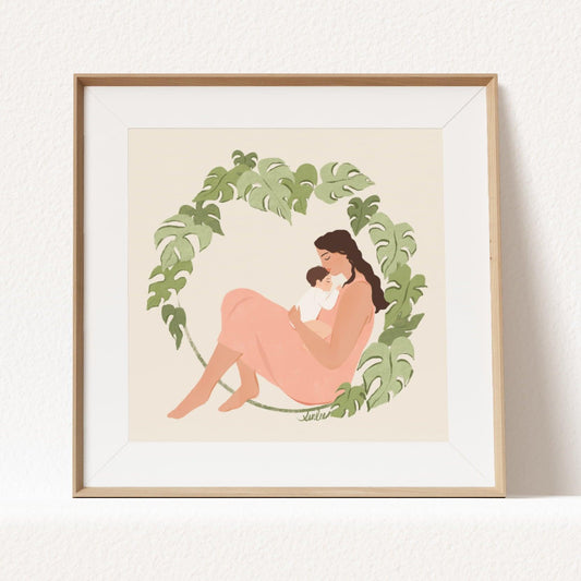 Tender art print of a mother and baby surrounded by lush monstera foliage – serene illustration with soft textures celebrating nurturing and natural beauty