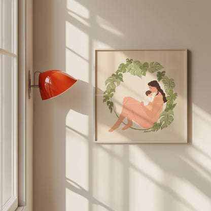 Tender art print of a mother and baby surrounded by lush monstera foliage – serene illustration with soft textures celebrating nurturing and natural beauty