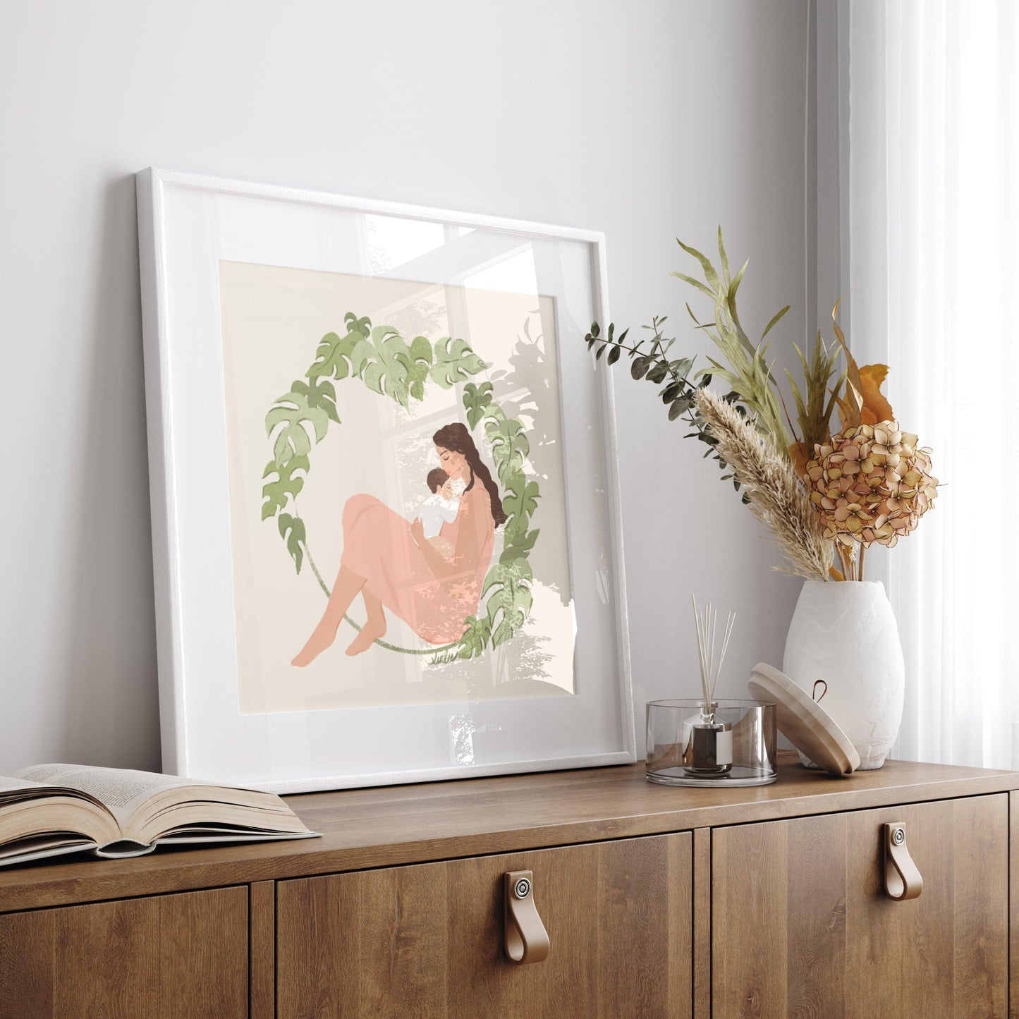 Tender art print of a mother and baby surrounded by lush monstera foliage – serene illustration with soft textures celebrating nurturing and natural beauty