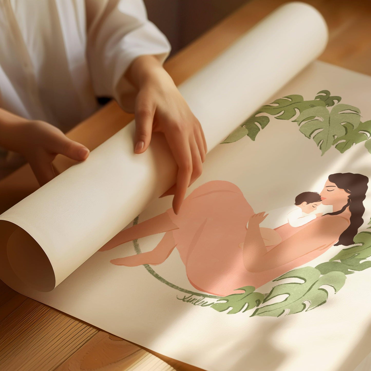 Tender art print of a mother and baby surrounded by lush monstera foliage – serene illustration with soft textures celebrating nurturing and natural beauty