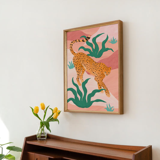 Cheetah strolling gracefully through a blush pink landscape with whimsical, playful plants.