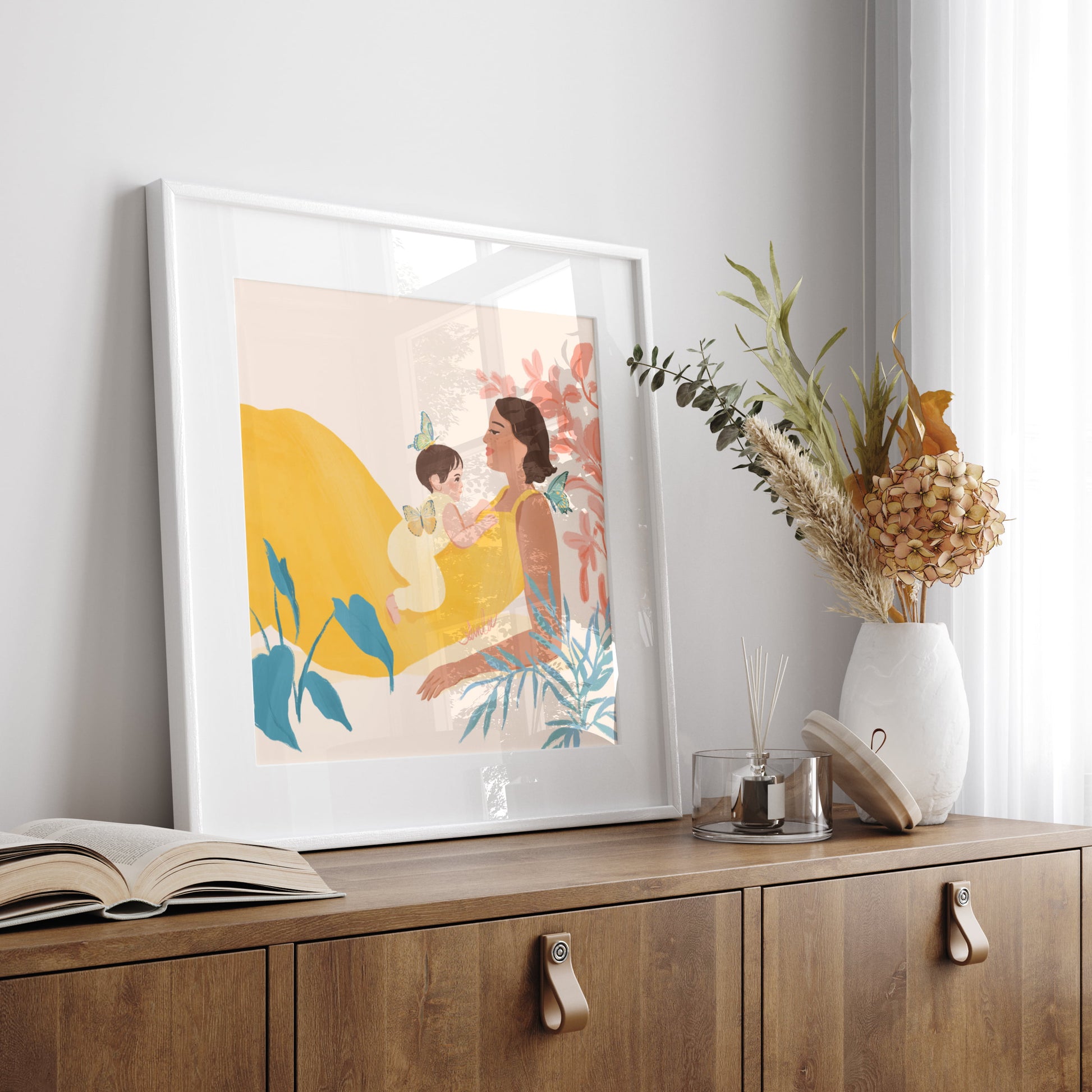 Heartwarming art print of a mother and baby – illustrated with a warm, joyful color palette to celebrate the tender bond between parent and child