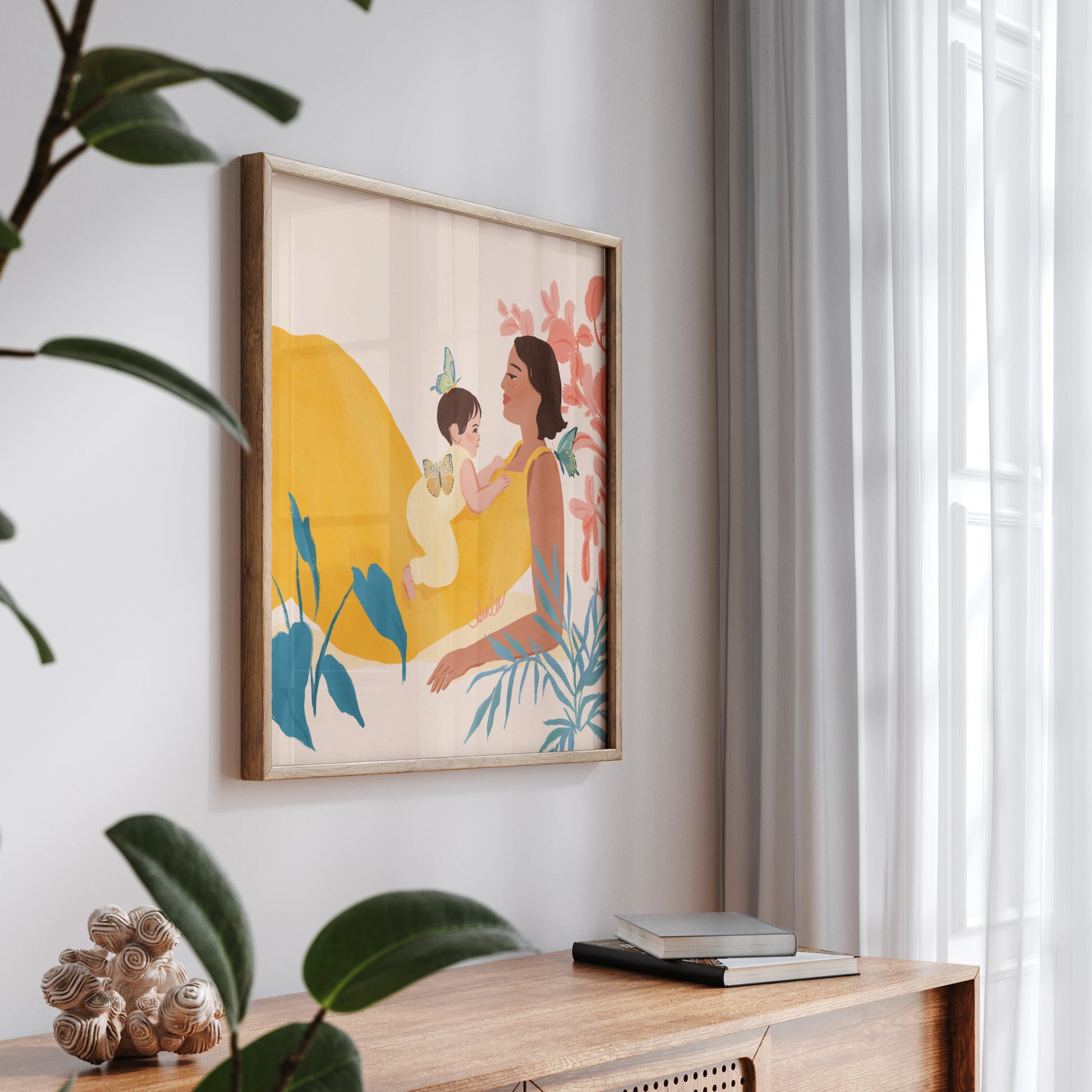 Heartwarming art print of a mother and baby – illustrated with a warm, joyful color palette to celebrate the tender bond between parent and child