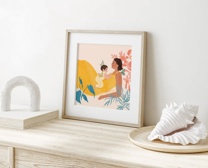 Heartwarming art print of a mother and baby – illustrated with a warm, joyful color palette to celebrate the tender bond between parent and child