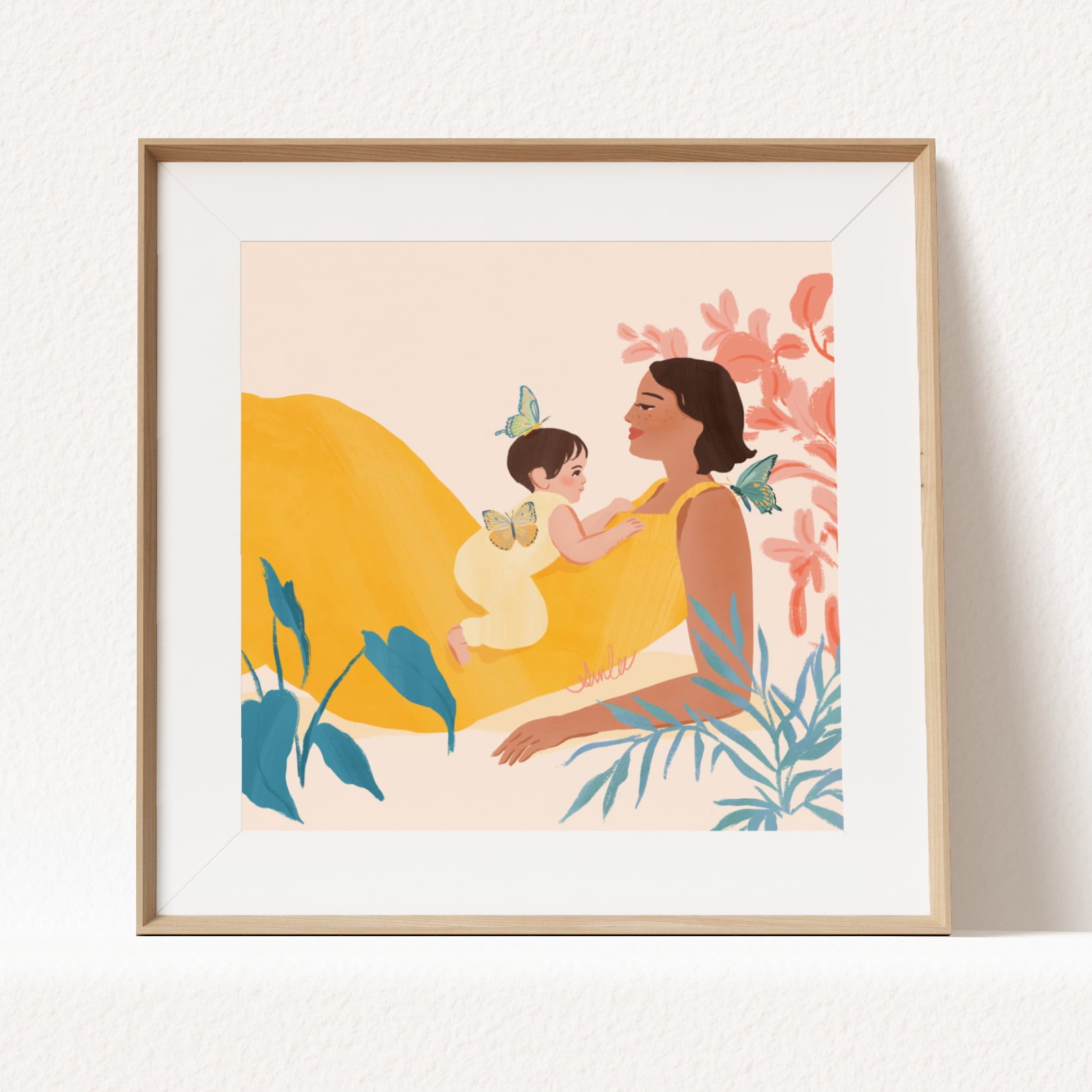 Heartwarming art print of a mother and baby – illustrated with a warm, joyful color palette to celebrate the tender bond between parent and child
