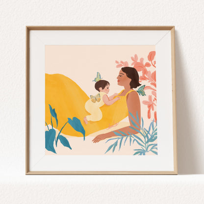 Heartwarming art print of a mother and baby – illustrated with a warm, joyful color palette to celebrate the tender bond between parent and child