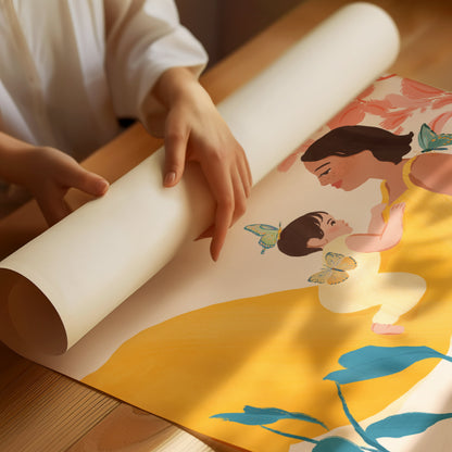 Heartwarming art print of a mother and baby – illustrated with a warm, joyful color palette to celebrate the tender bond between parent and child