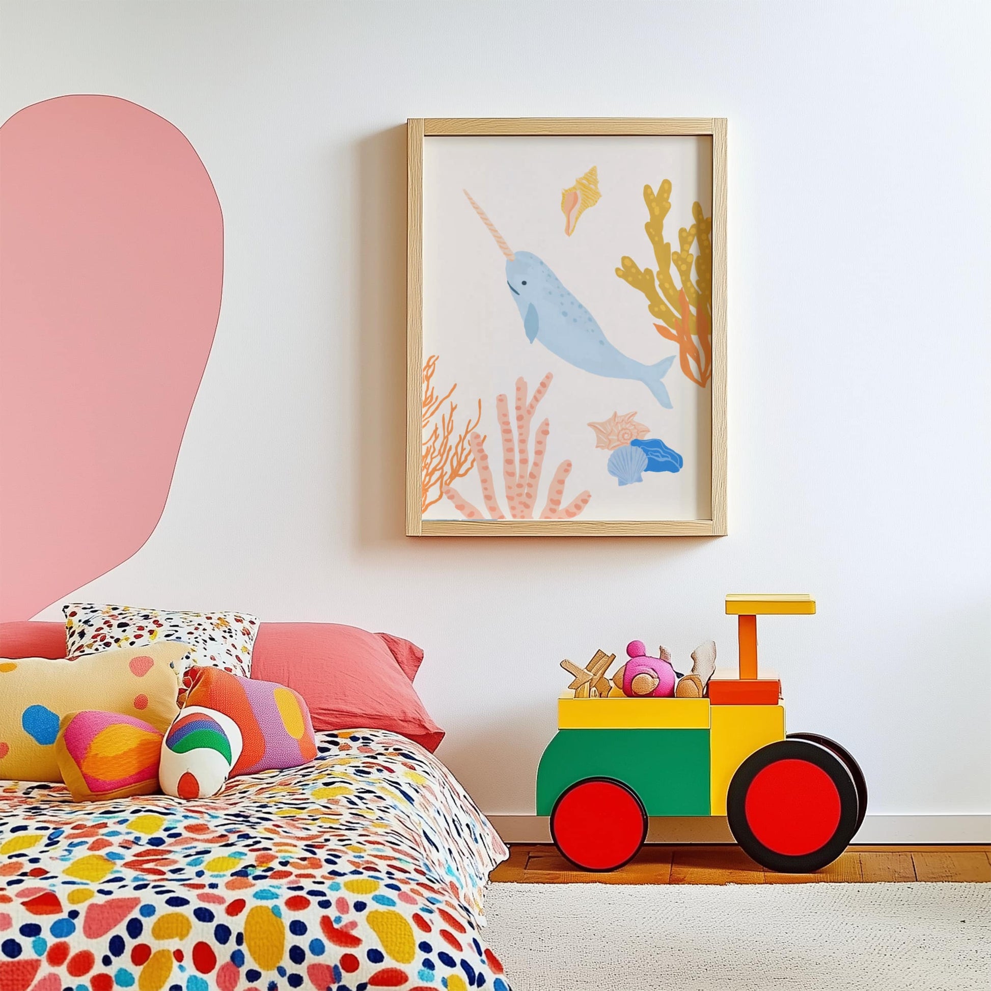 Cute ocean-themed art print for children featuring a magical narwhal – perfect for creating a fun and cohesive under-the-sea theme with other sea animal prints