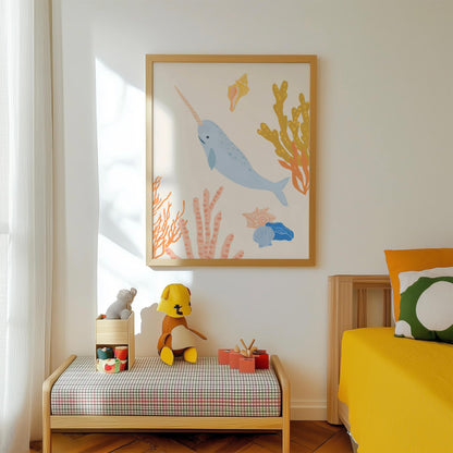 Cute ocean-themed art print for children featuring a magical narwhal – perfect for creating a fun and cohesive under-the-sea theme with other sea animal prints