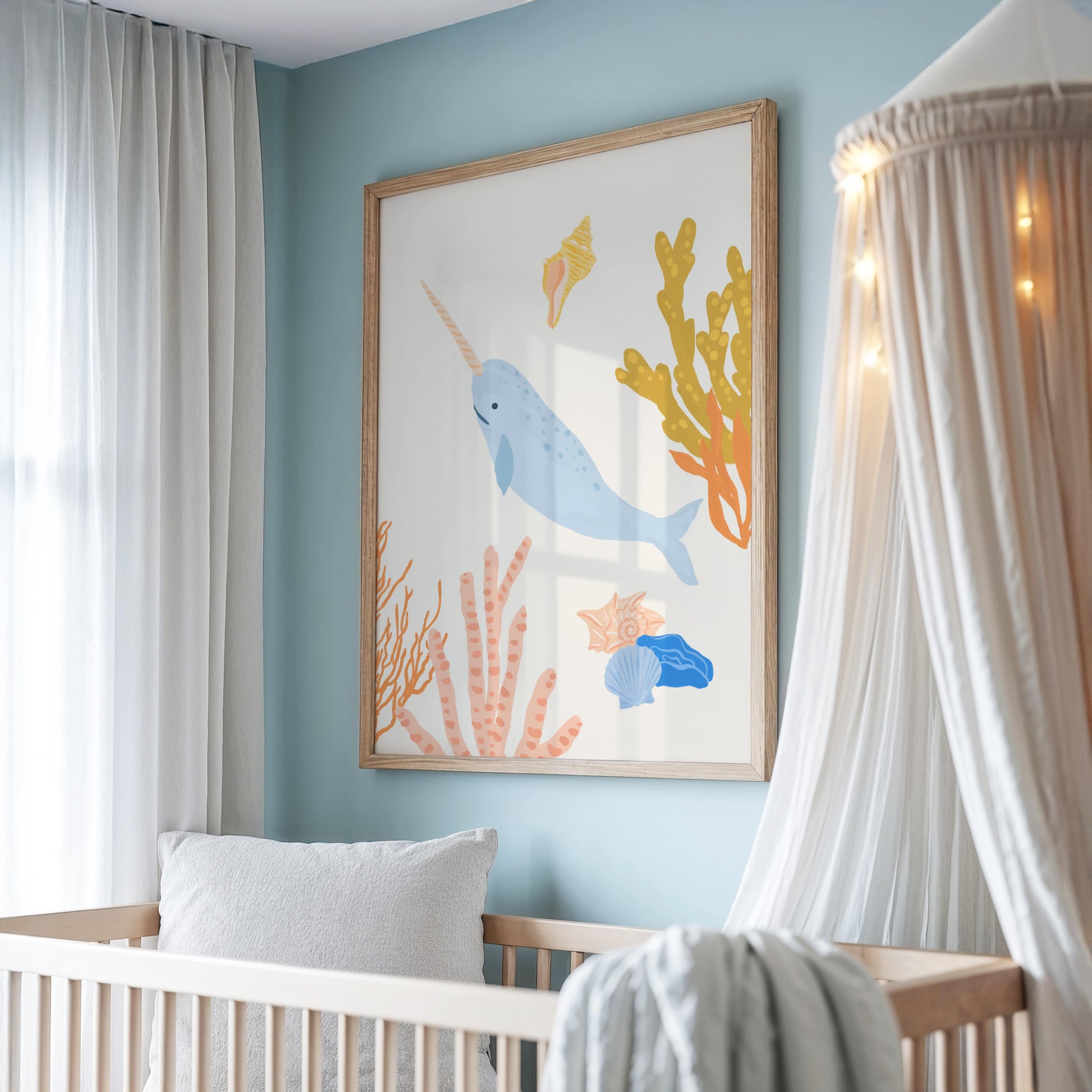 Cute ocean-themed art print for children featuring a magical narwhal – perfect for creating a fun and cohesive under-the-sea theme with other sea animal prints