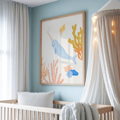 Cute ocean-themed art print for children featuring a magical narwhal – perfect for creating a fun and cohesive under-the-sea theme with other sea animal prints