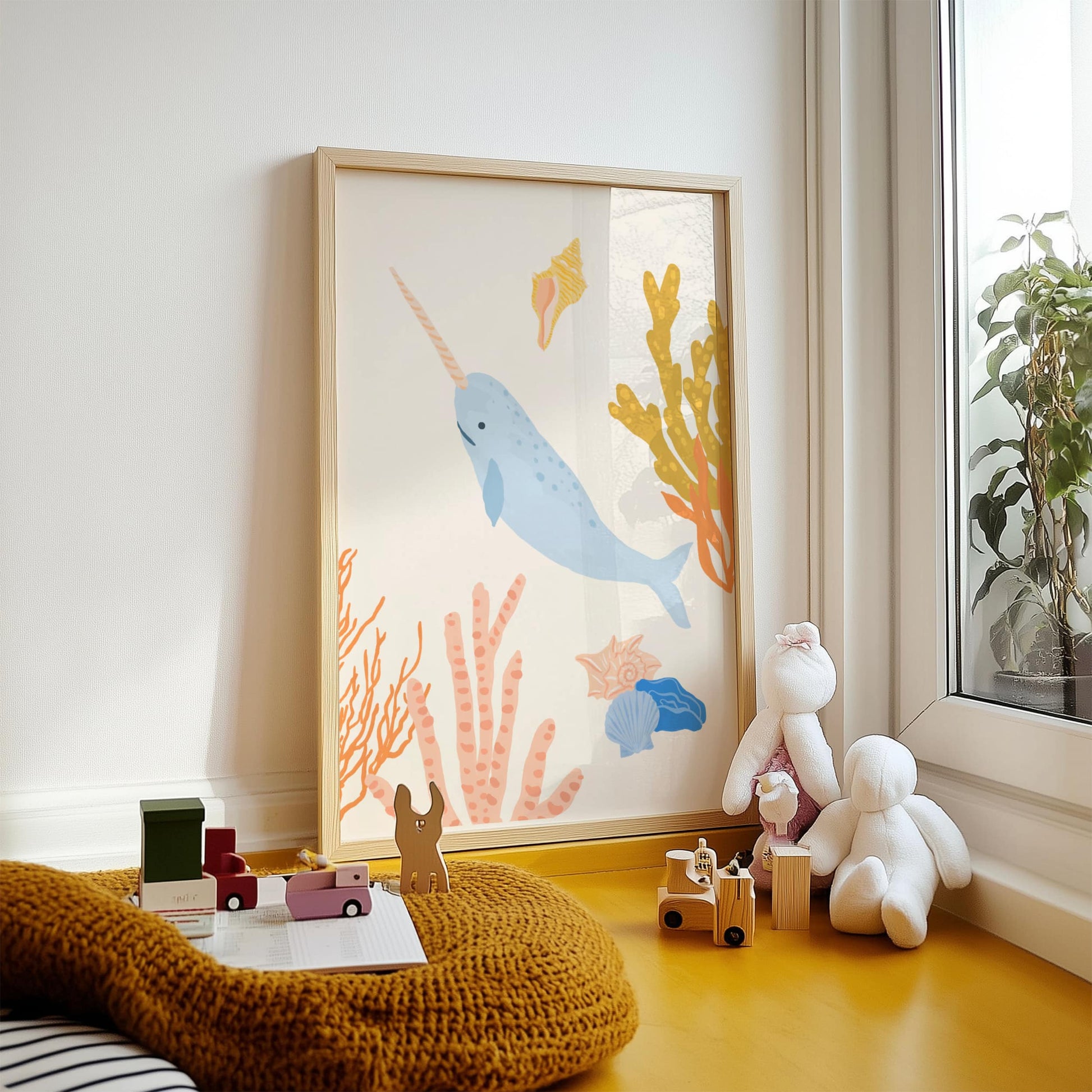 Cute ocean-themed art print for children featuring a magical narwhal – perfect for creating a fun and cohesive under-the-sea theme with other sea animal prints
