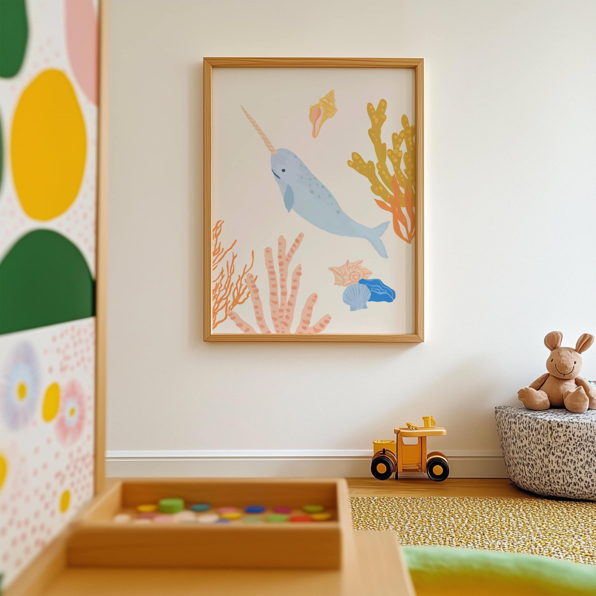 Cute ocean-themed art print for children featuring a magical narwhal – perfect for creating a fun and cohesive under-the-sea theme with other sea animal prints