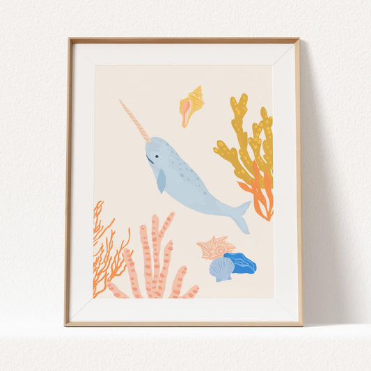 Cute ocean-themed art print for children featuring a magical narwhal – perfect for creating a fun and cohesive under-the-sea theme with other sea animal prints