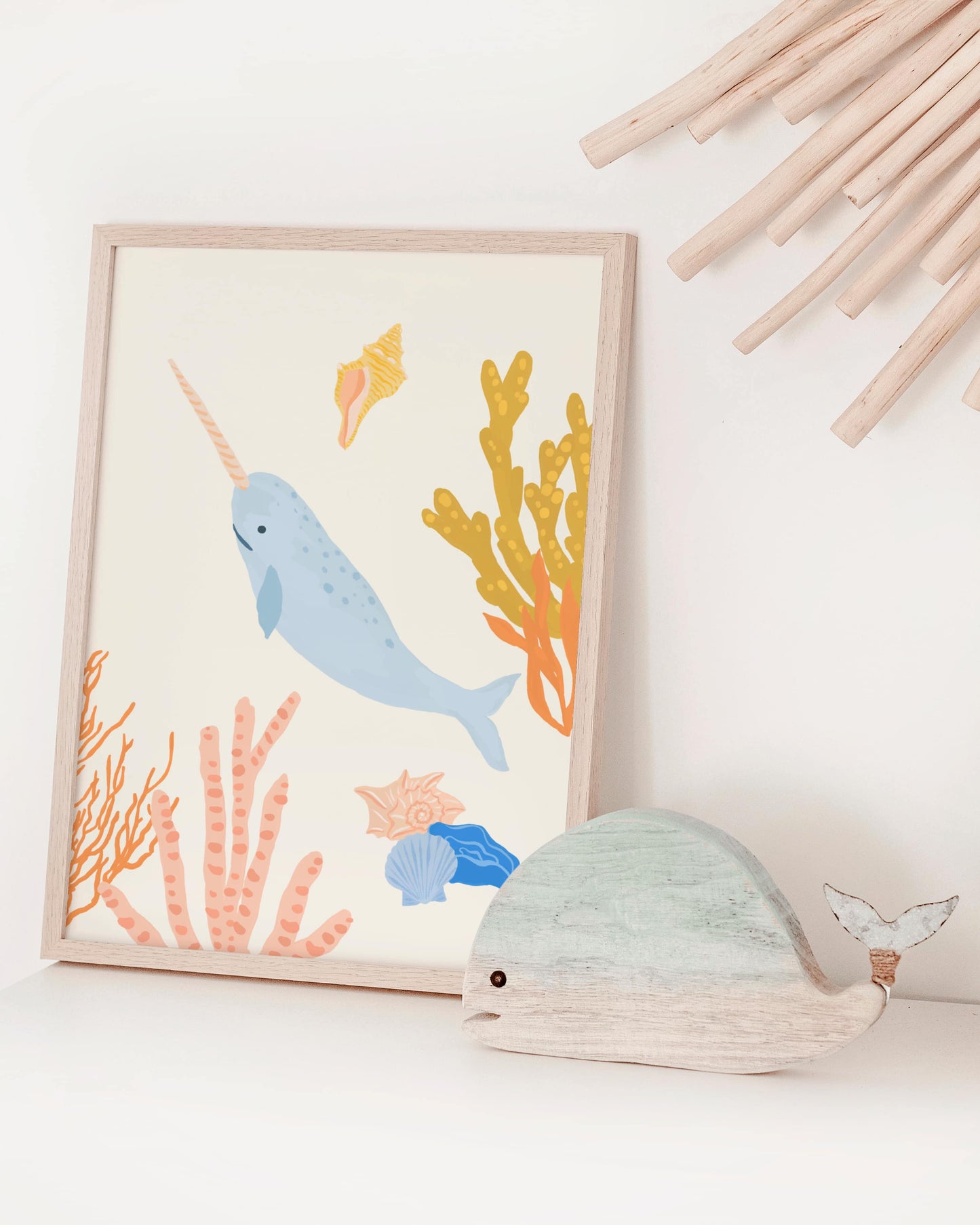 Cute ocean-themed art print for children featuring a magical narwhal – perfect for creating a fun and cohesive under-the-sea theme with other sea animal prints