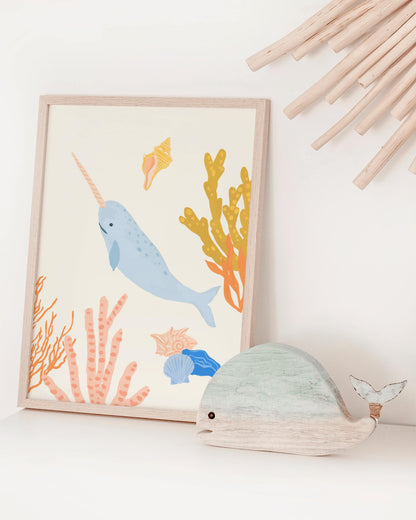 Cute ocean-themed art print for children featuring a magical narwhal – perfect for creating a fun and cohesive under-the-sea theme with other sea animal prints