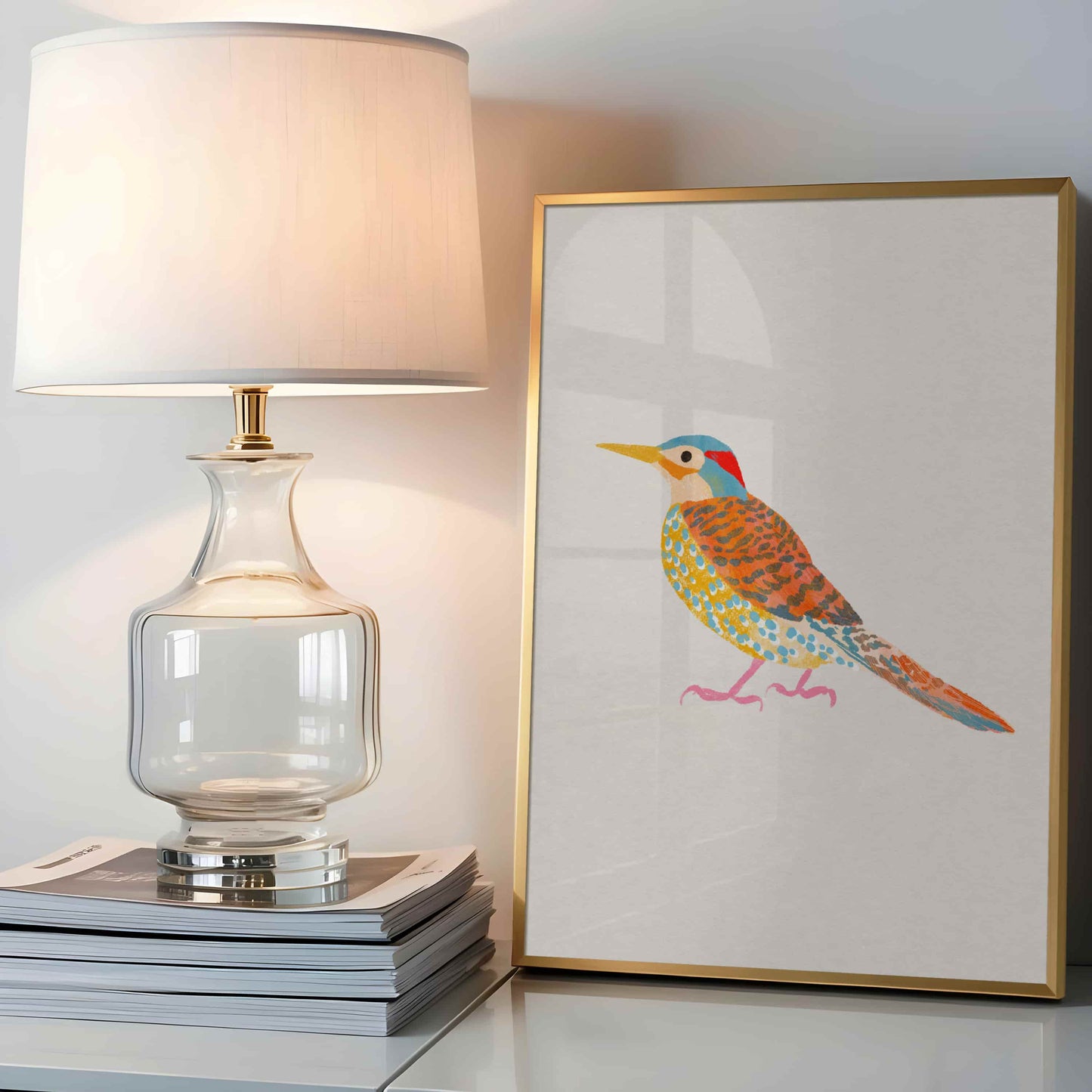 Whimsical illustration of a Northern Flicker woodpecker in an earthy color palette.