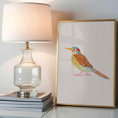 Whimsical illustration of a Northern Flicker woodpecker in an earthy color palette.