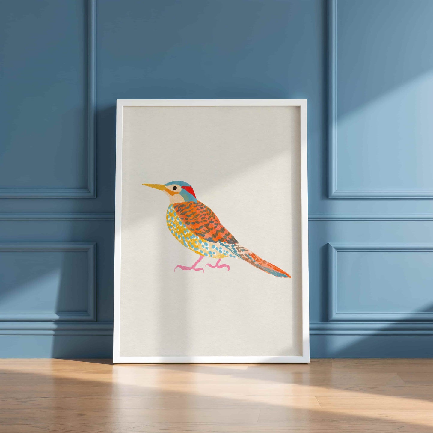 Whimsical illustration of a Northern Flicker woodpecker in an earthy color palette.