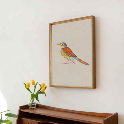 Whimsical illustration of a Northern Flicker woodpecker in an earthy color palette.