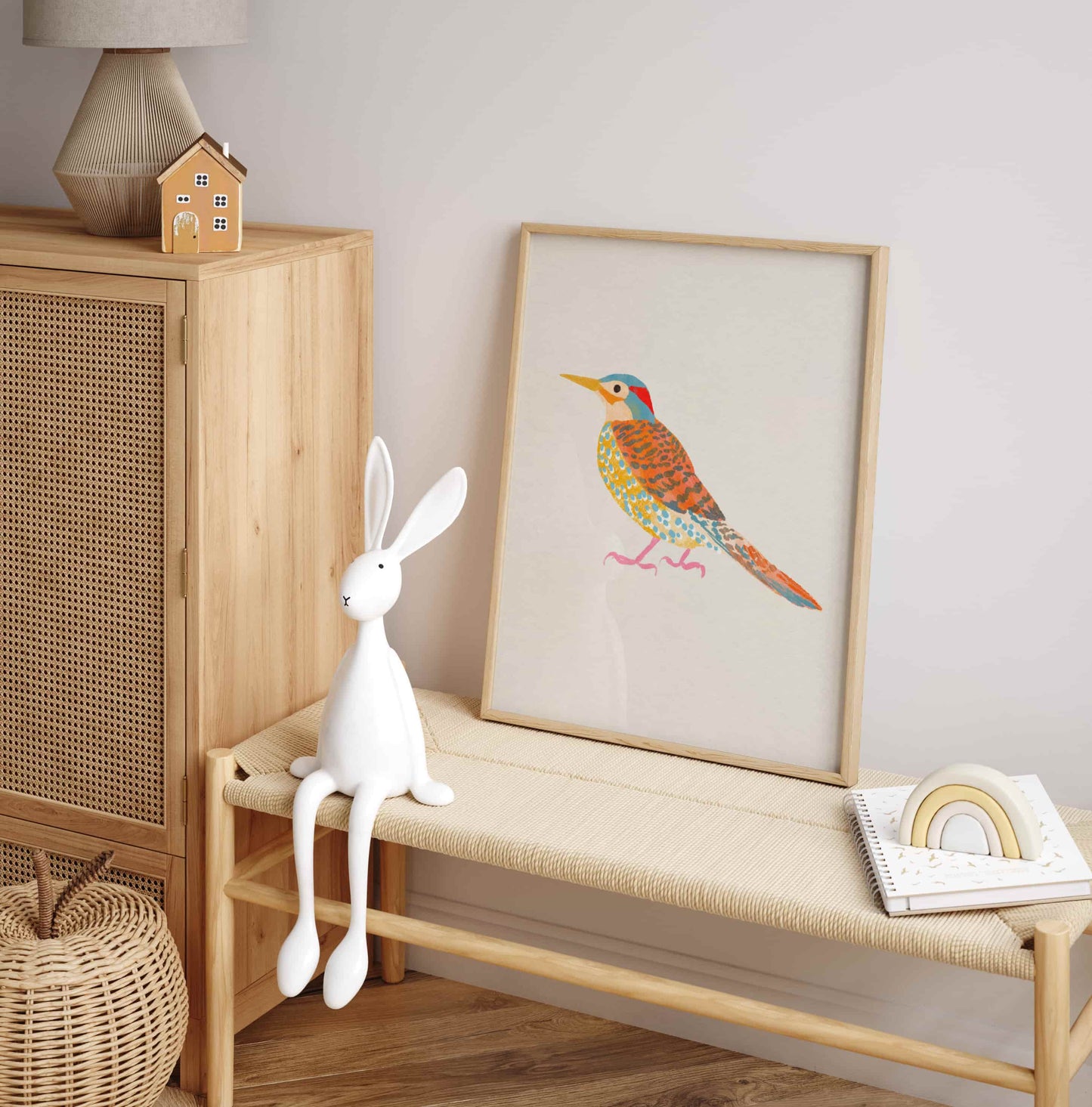 Whimsical illustration of a Northern Flicker woodpecker in an earthy color palette.