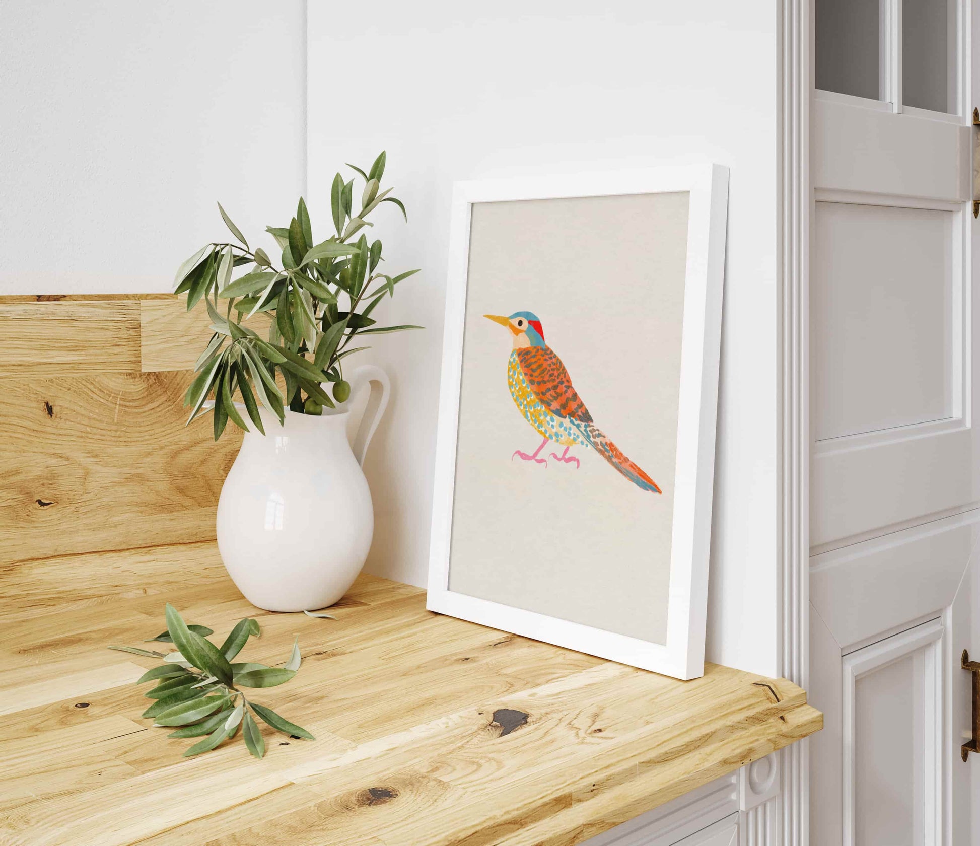 Whimsical illustration of a Northern Flicker woodpecker in an earthy color palette.