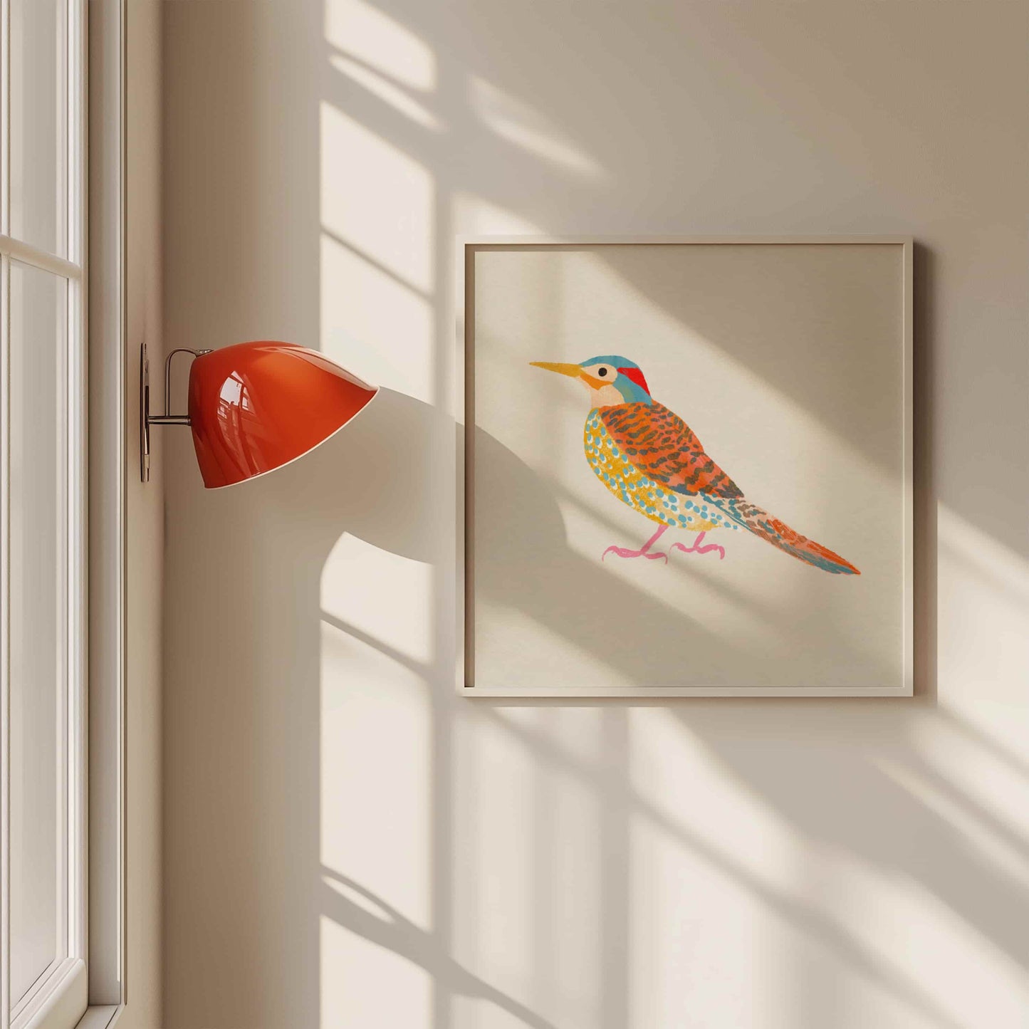 Whimsical illustration of a Northern Flicker woodpecker in an earthy color palette.