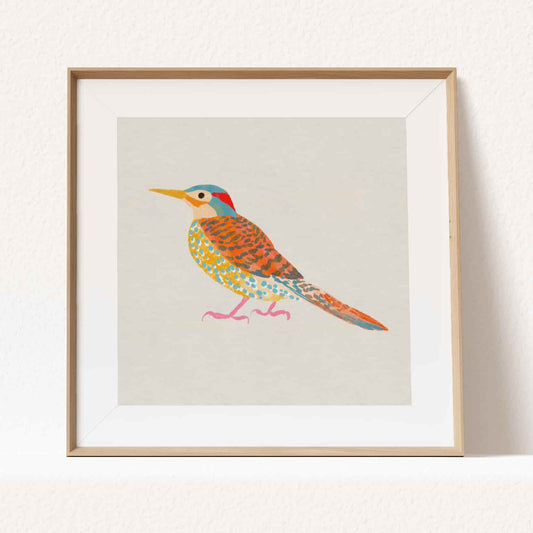 Northern Flicker woodpecker illustrated with warm tones and soft textures.