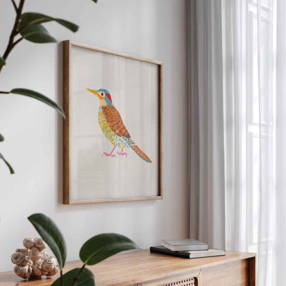 Whimsical illustration of a Northern Flicker woodpecker in an earthy color palette.