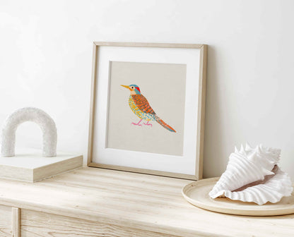 Whimsical illustration of a Northern Flicker woodpecker in an earthy color palette.