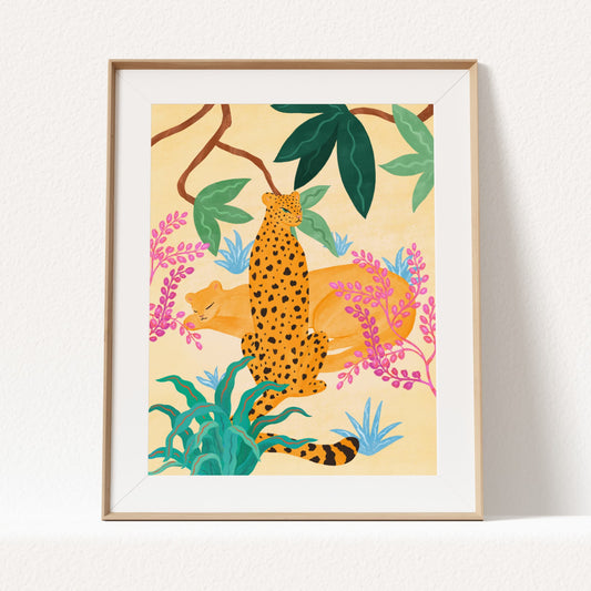 Two sleek panthers surrounded by whimsical, colorful jungle plants in a playful illustration.