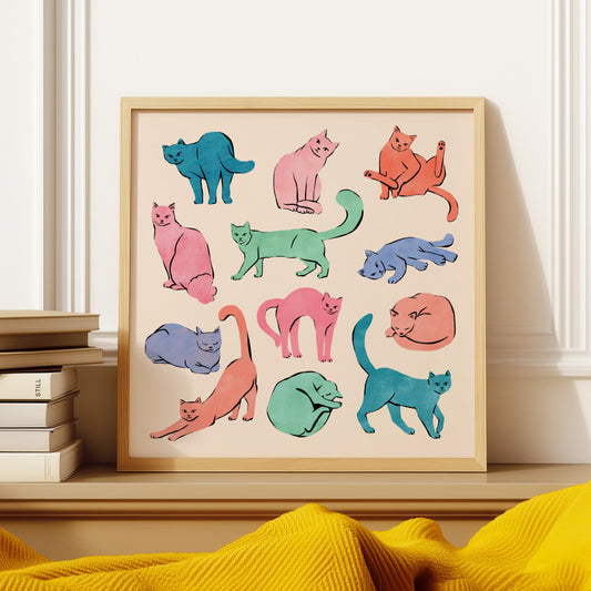 Colorful collection of playful cats in pastel hues – fun and whimsical art print for cat lovers and modern home decor