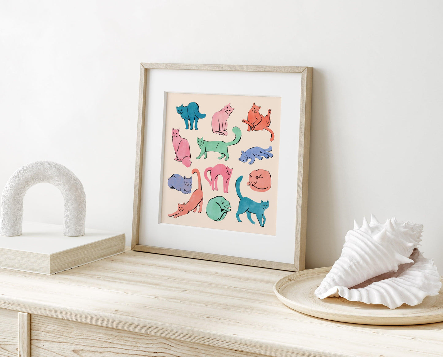 Colorful collection of playful cats in pastel hues – fun and whimsical art print for cat lovers and modern home decor