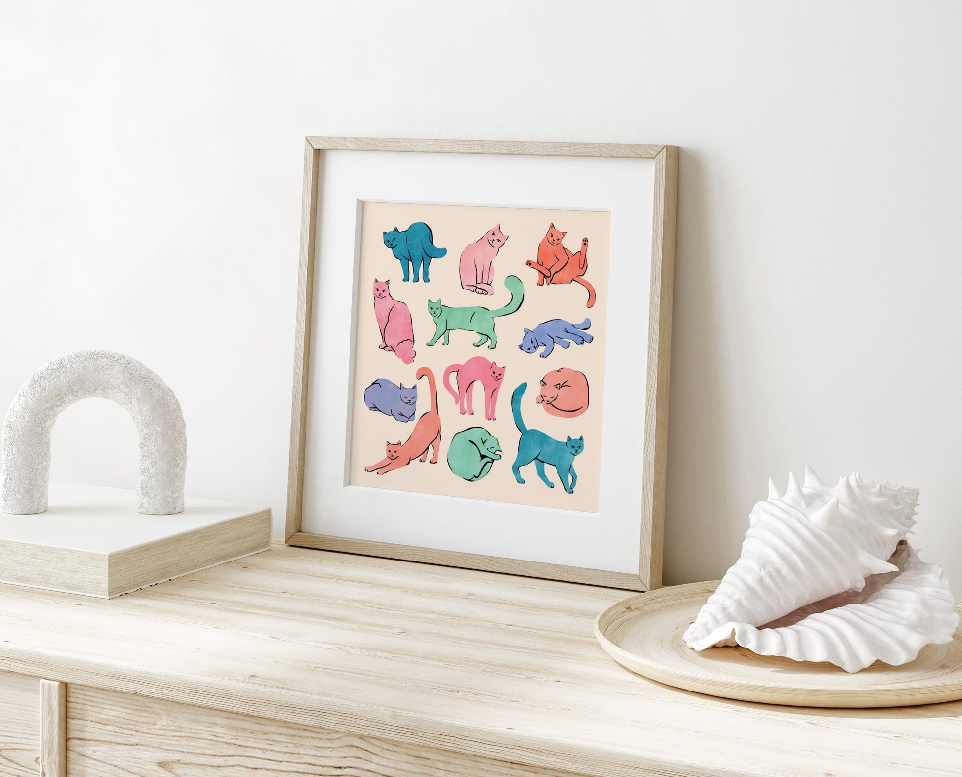 Colorful collection of playful cats in pastel hues – fun and whimsical art print for cat lovers and modern home decor