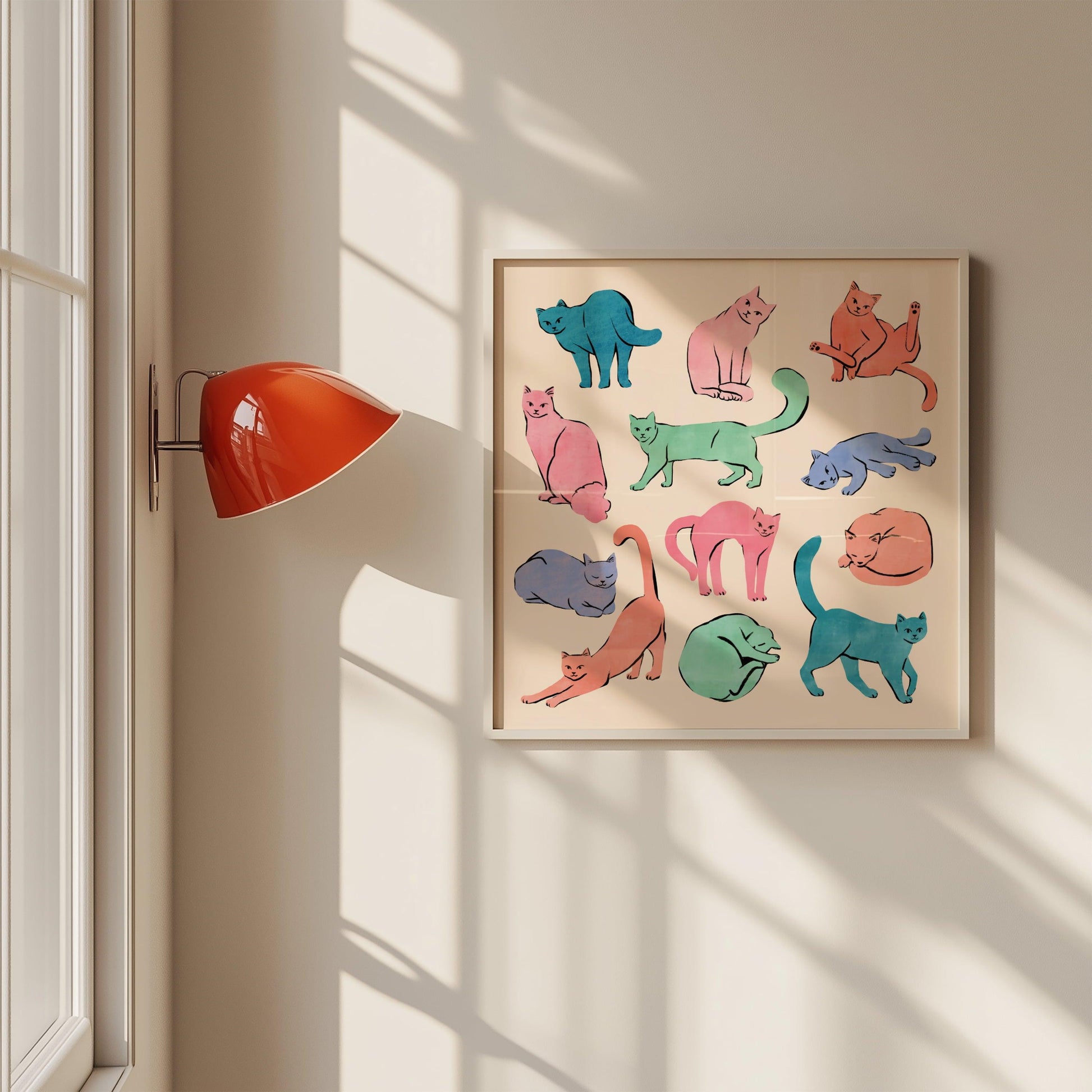 Colorful collection of playful cats in pastel hues – fun and whimsical art print for cat lovers and modern home decor