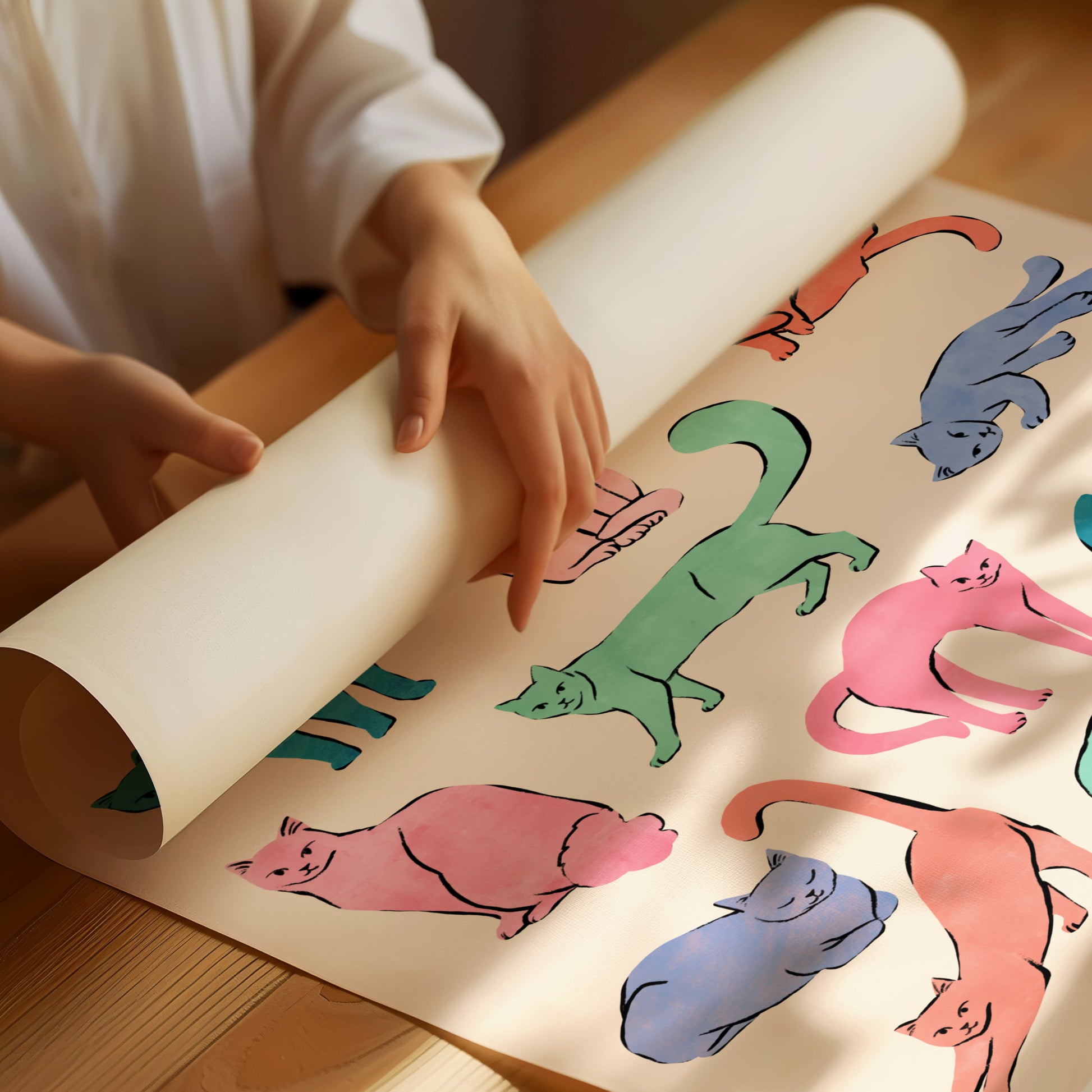 Colorful collection of playful cats in vibrant hues – fun and whimsical art print for cat lovers and modern home decor

