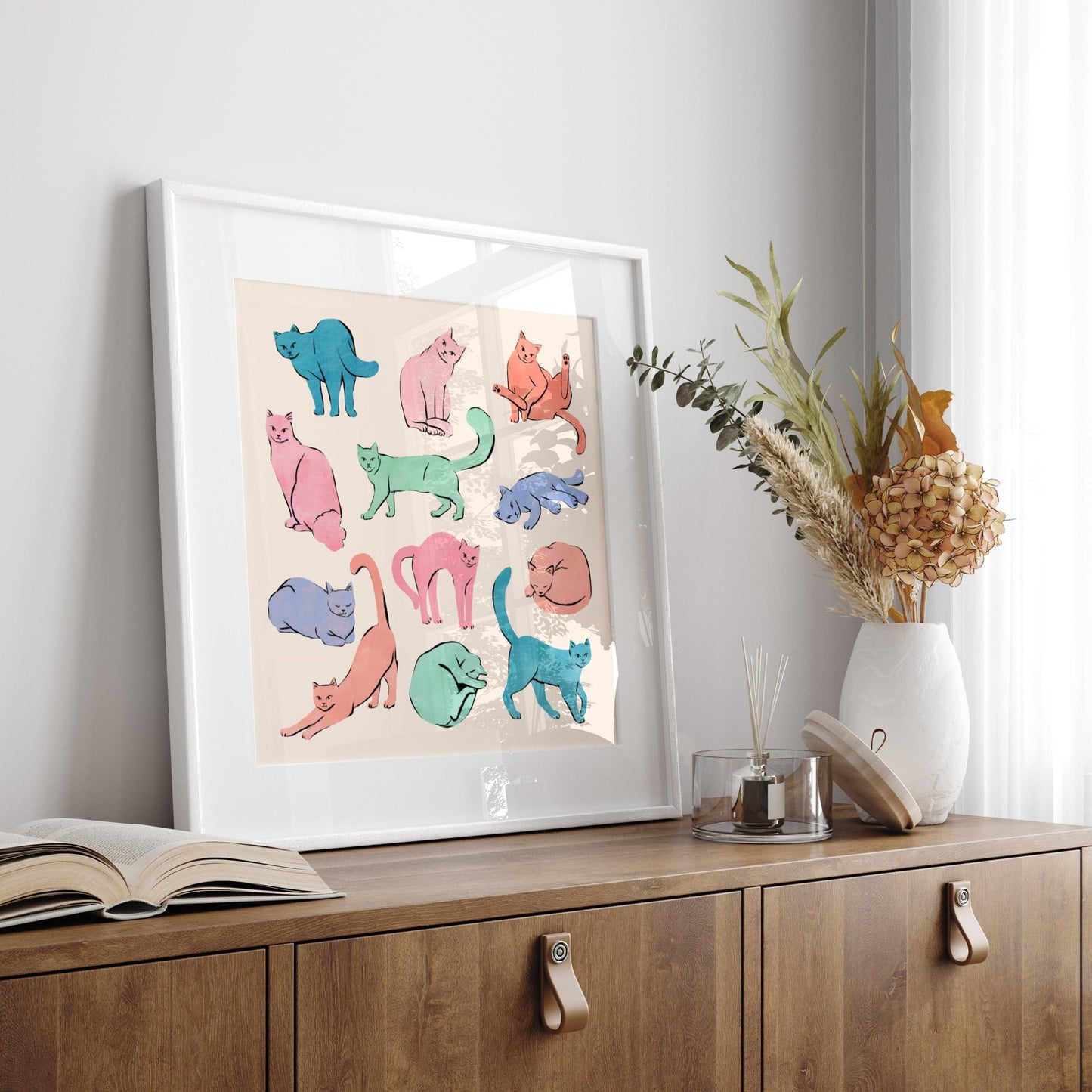 Colorful collection of playful cats in vibrant hues – fun and whimsical art print for cat lovers and modern home decor