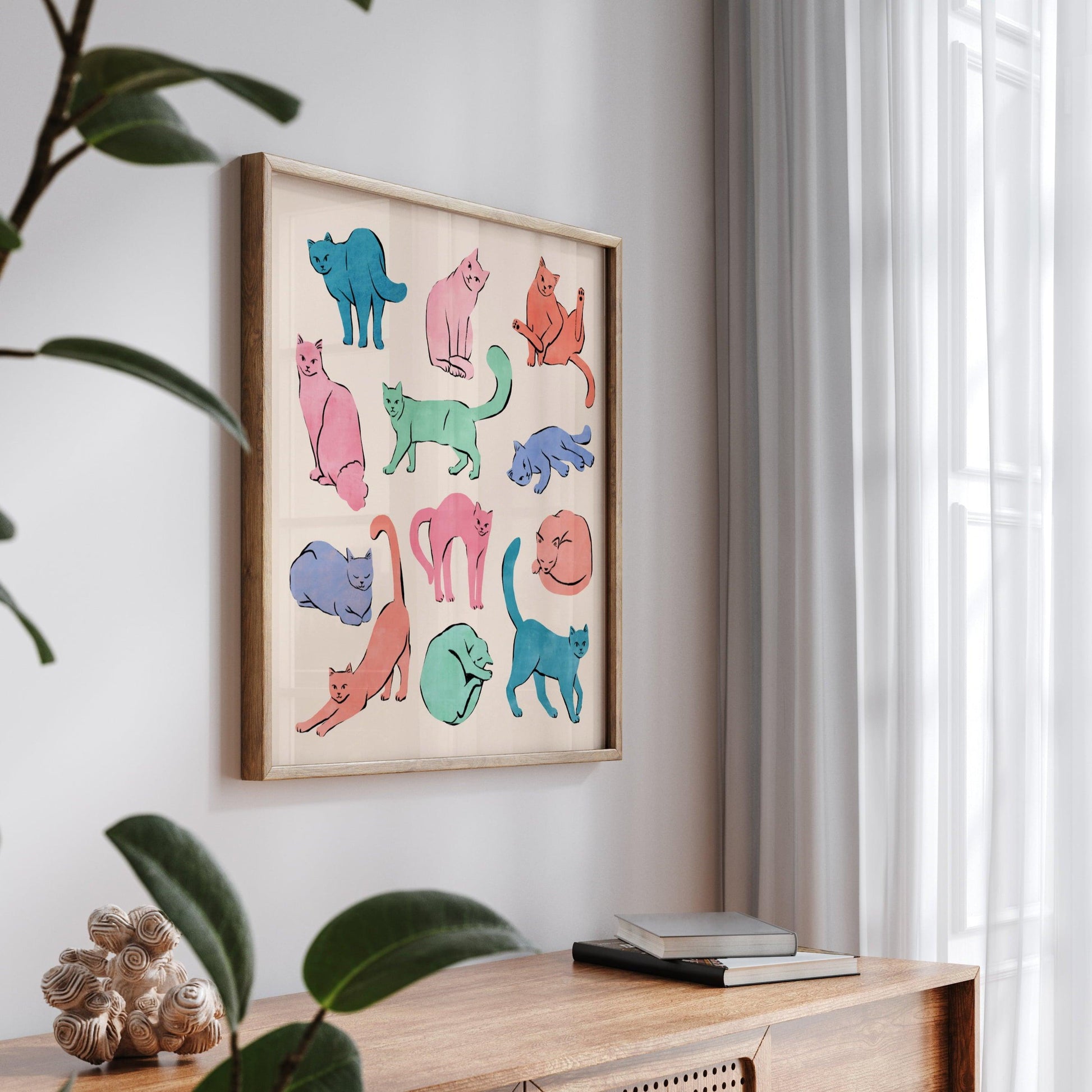 Colorful collection of playful cats in vibrant hues – fun and whimsical art print for cat lovers and modern home decor
