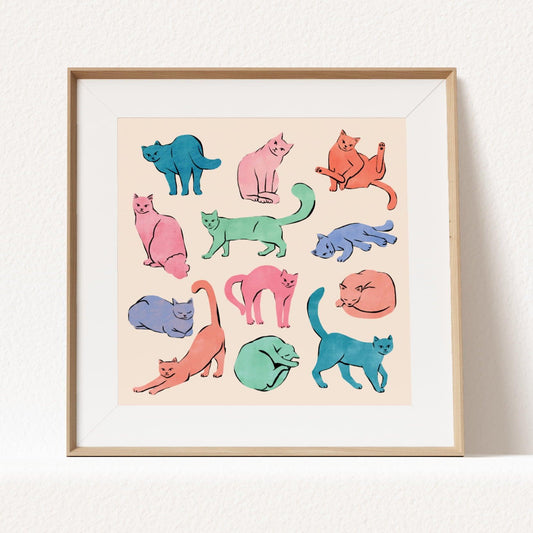 Colorful collection of playful cats in pastel hues – fun and whimsical art print for cat lovers and modern home decor